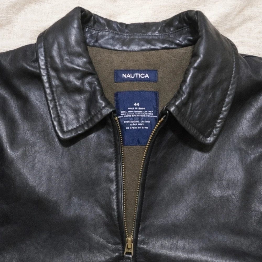 Vintage Y2K NAUTICA Genuine Leather Jacket Mens 44 Black Soft Leather Zip Front